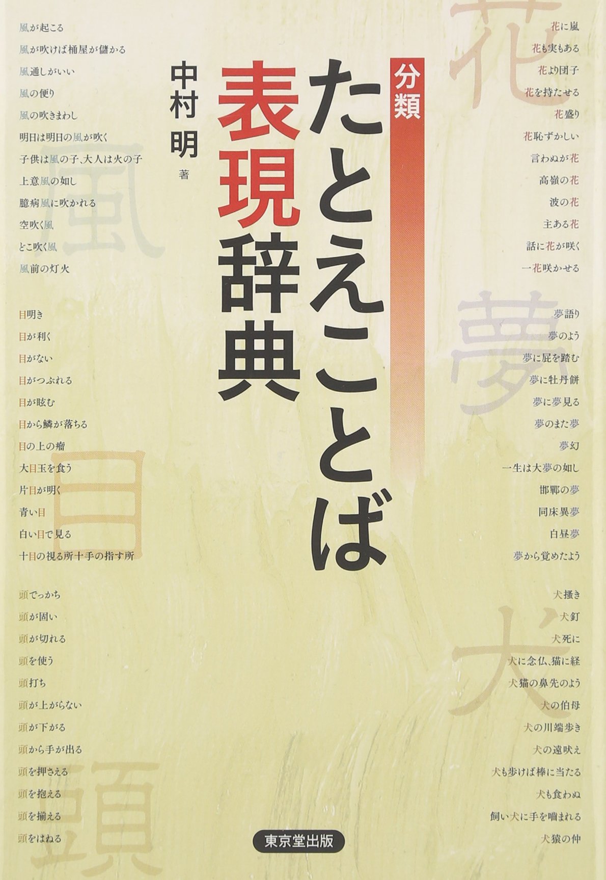 著 者 :中村明 :
発行者 :東京堂出版 :
刊行年月:201407:
底本ISBN:9784490108484 :
内容紹介:「目」を例にすると、利く、つぶれる、…がない、回る、殺す、余る、疑う、奪われる、落とす、掛ける、背けるなど60ものたとえことばがある。このような比喩表現約5000語をジャンル(気象・天文、水、動物、人体、宗教・神話など)で分類配列し、意味、表現のしくみを解説。「目」「風」「馬」といった、たとえによく使われる語のニュアンスを浮き彫りにすることで、読者は表現力の幅がますます広がっていく。 :