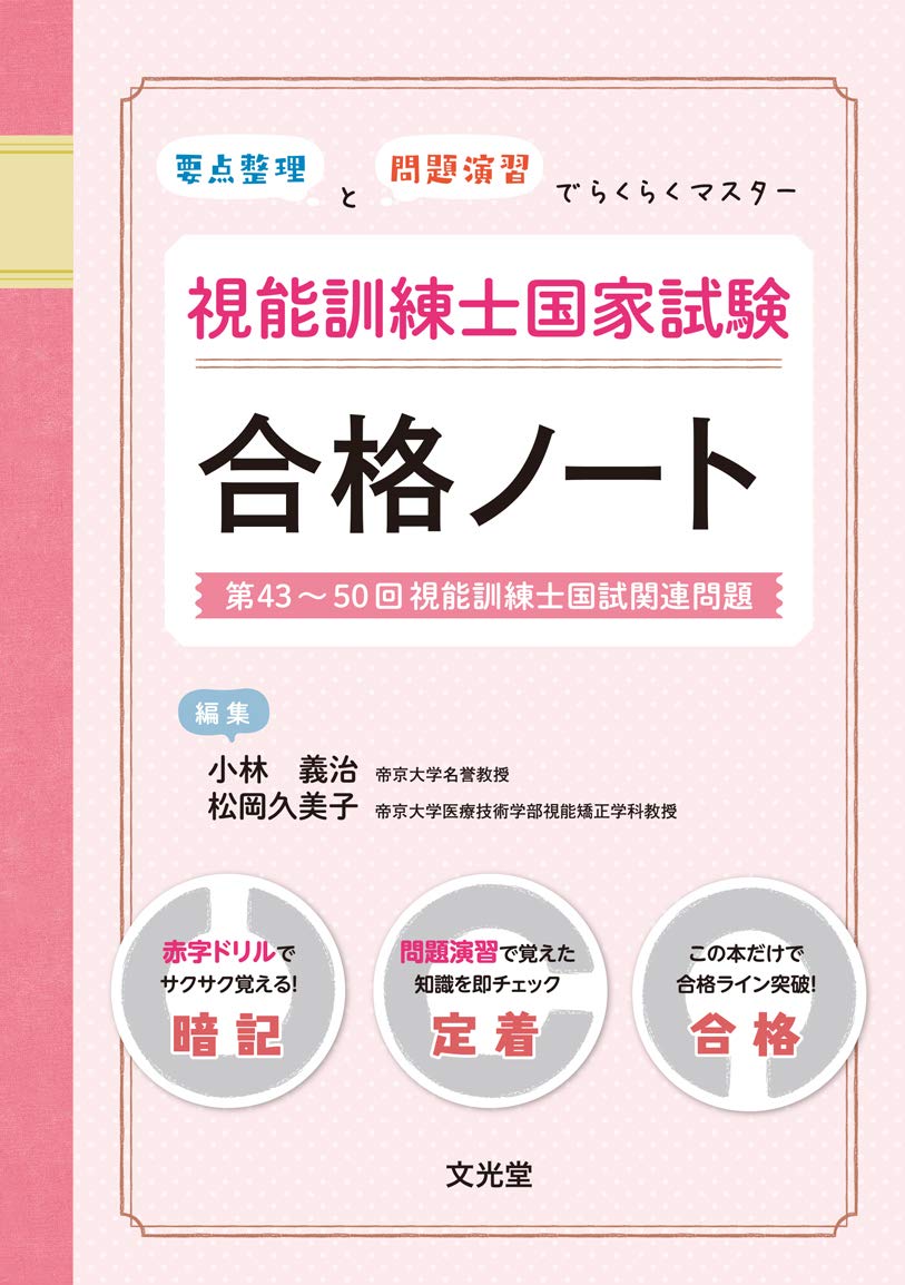 著 者 :小林義治 :
発行者 :文光堂 :
刊行年月:202004:
底本ISBN:9784830656057 :
内容紹介:“最短コースで,とにかく国試に合格したい!” 本書は,そんなあなたを応援する強い味方.日頃から学生に国試対策を伝授している執筆陣が,視能訓練士国試合格に本当に必要なコツとポイントを教科書とは一味違うテイストで重点解説.国試本番で使える知識を定着させる.豊富な図版は,読者が覚えやすいように工夫を凝らされたものばかり.先取りして勉強したいあなたにも,残り時間が少なく追い詰められたあなたにも最適な1冊. :